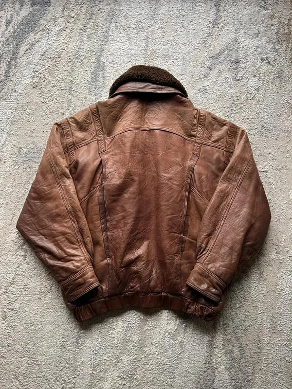 Vintage 90s Flight Aviator Mens Brown Sheepskin Collar Leather Bomber Jacket Siz – photo 7